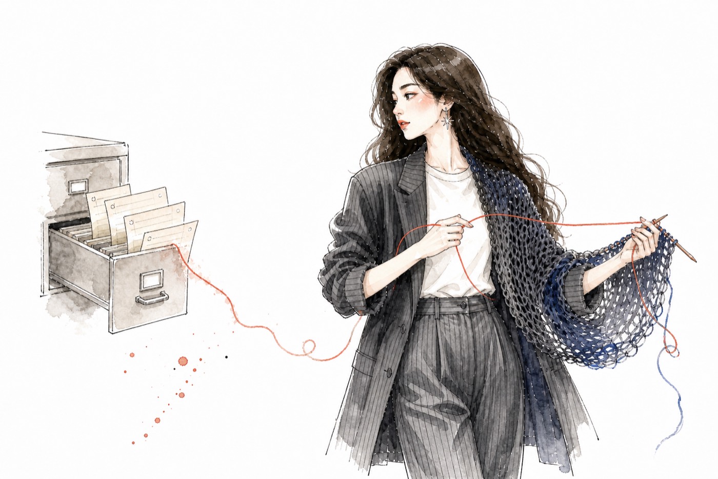 Watercolor Quinnie pulls a coral thread from filing cards and knits it into a flowing garment