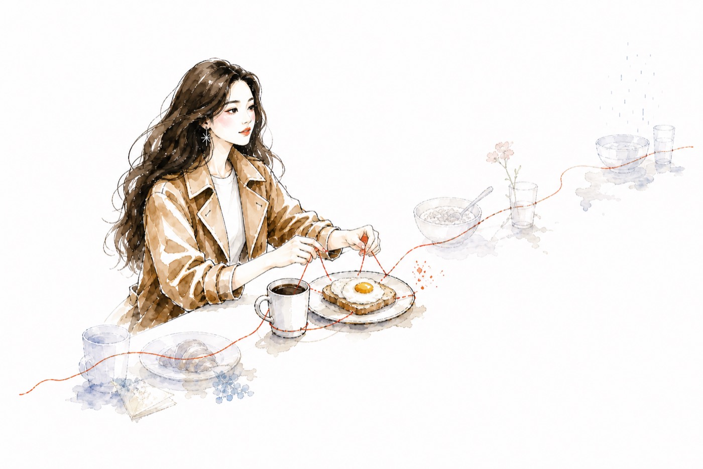Watercolor Quinnie stitches today's breakfast setting into a fading chain of earlier breakfasts