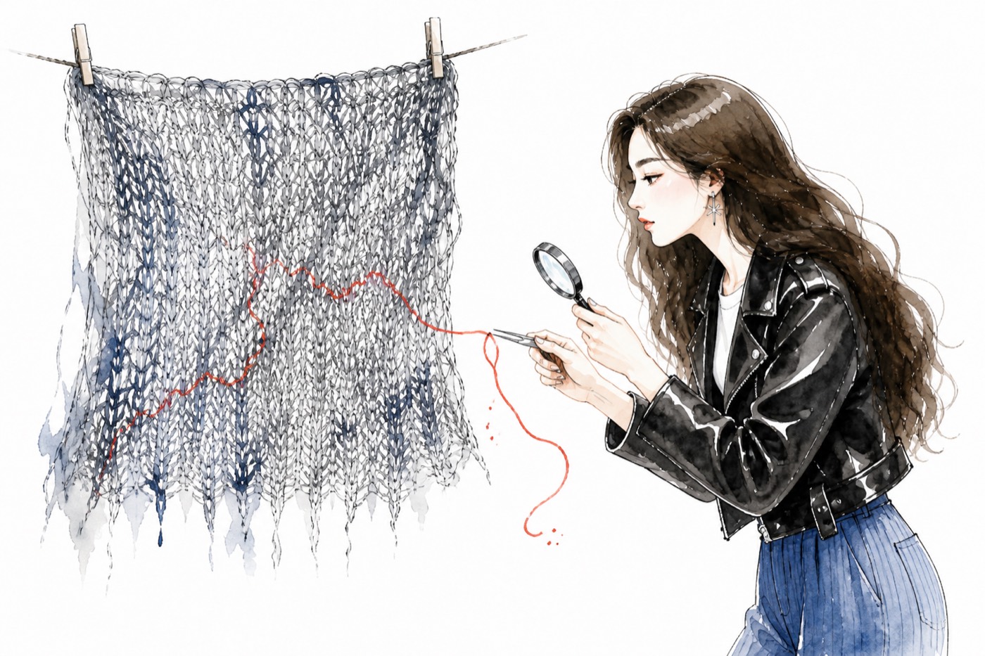 Watercolor Quinnie uses tweezers and a magnifying lens to isolate one coral thread from dense knitted fabric