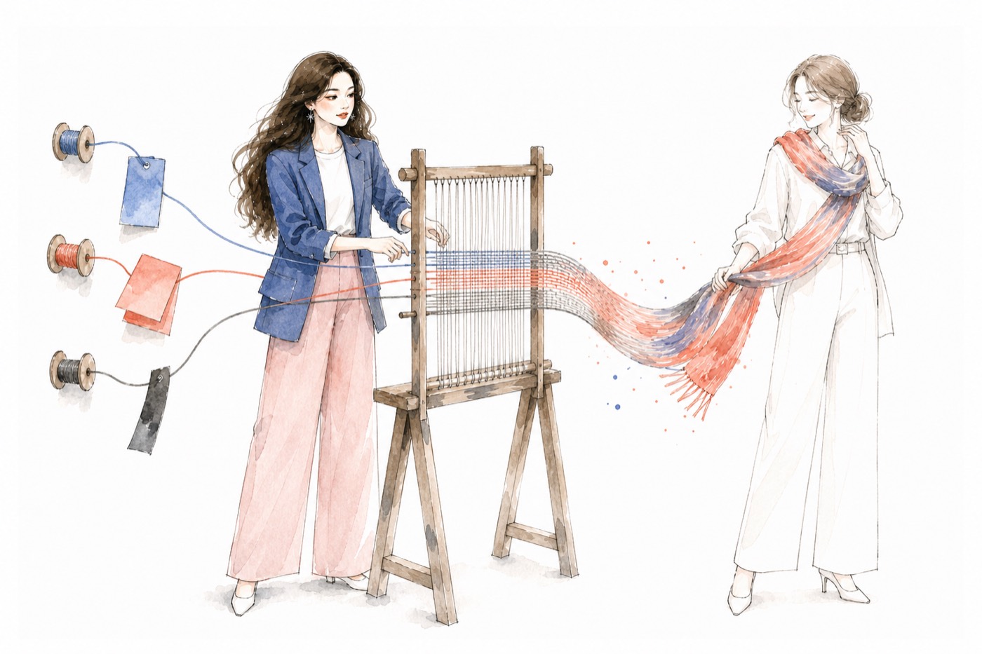 Watercolor Quinnie weaves product pieces into a scarf that another person wears as part of her own story