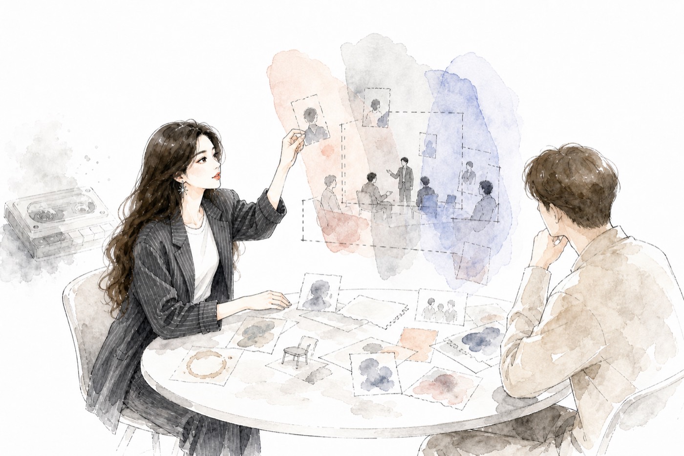 Watercolor Quinnie and a colleague rebuild a meeting from fragments passing through translucent contextual washes
