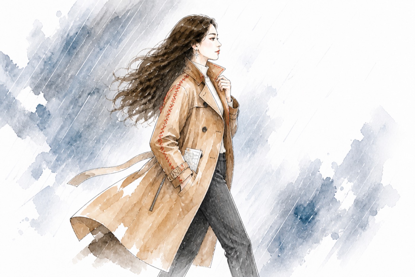 Watercolor Quinnie walks through driving rain in a trench coat held together by a vivid coral seam
