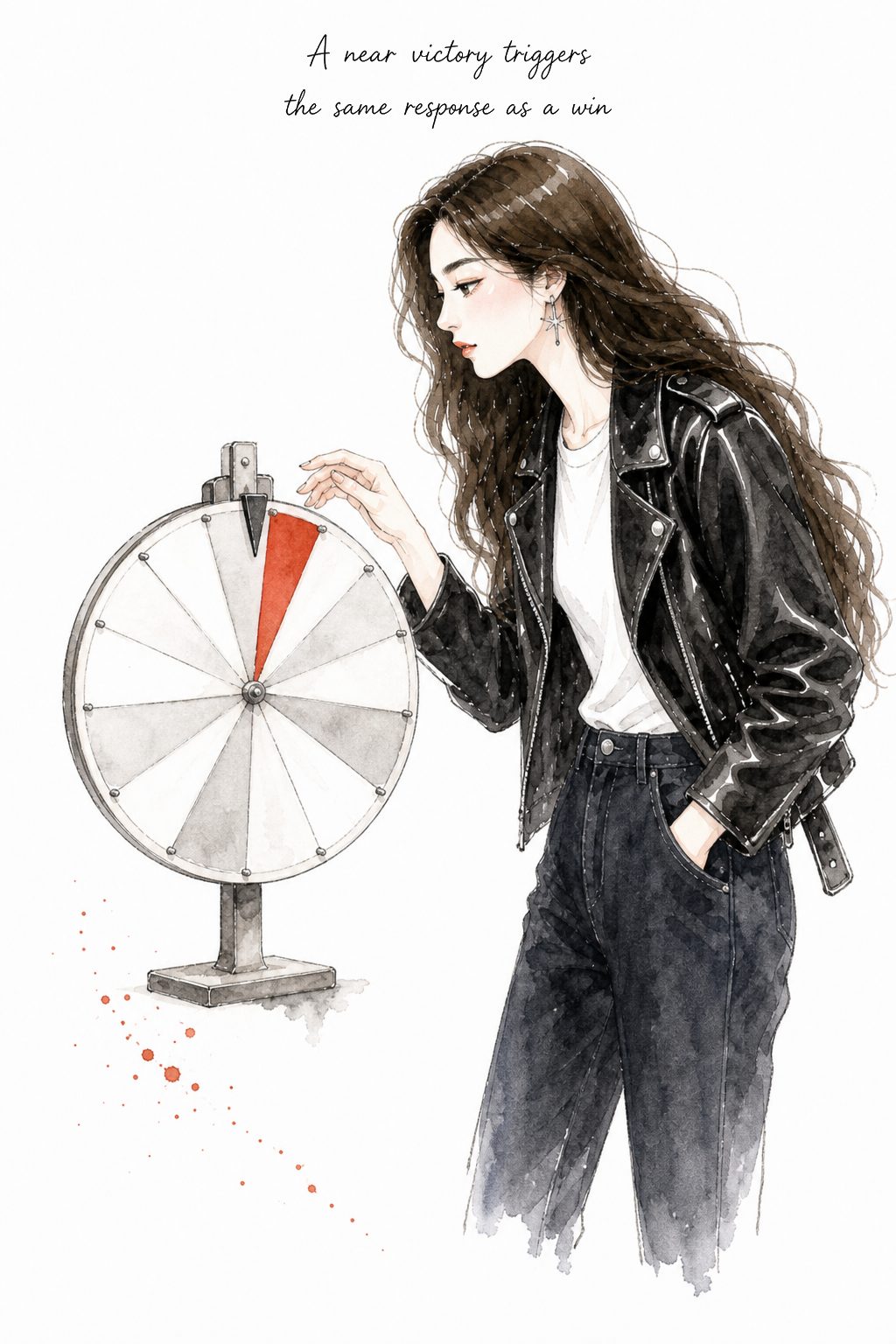 Quinnie beside a prize wheel stopped one notch short of the red wedge