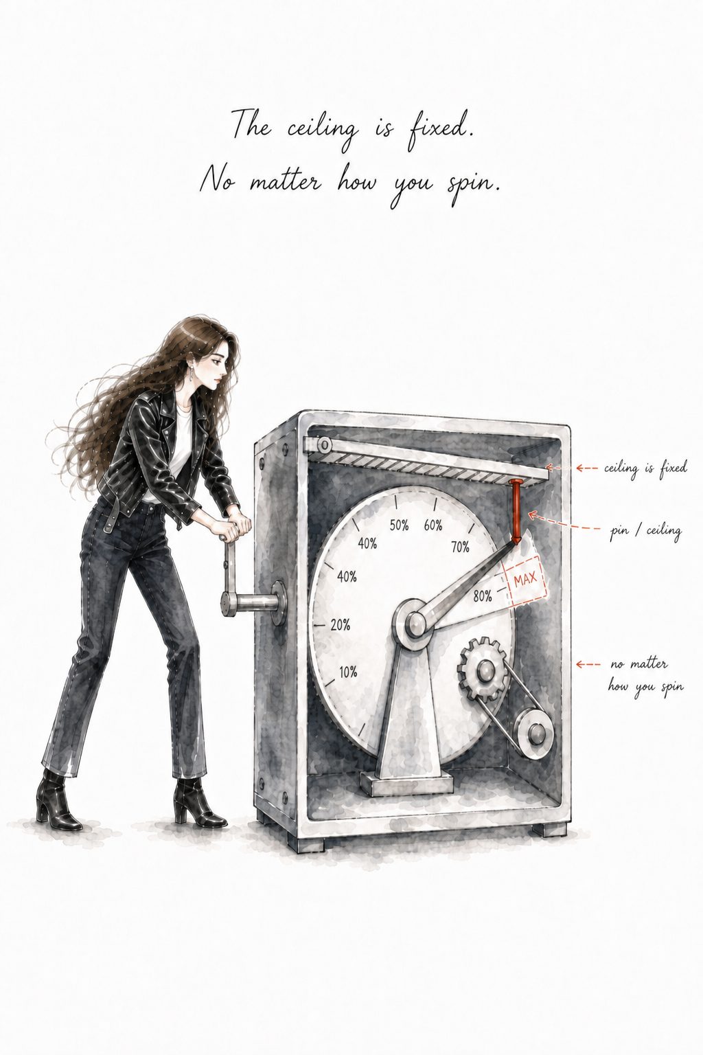 Quinnie cranks a cutaway machine whose pin stops the needle before MAX