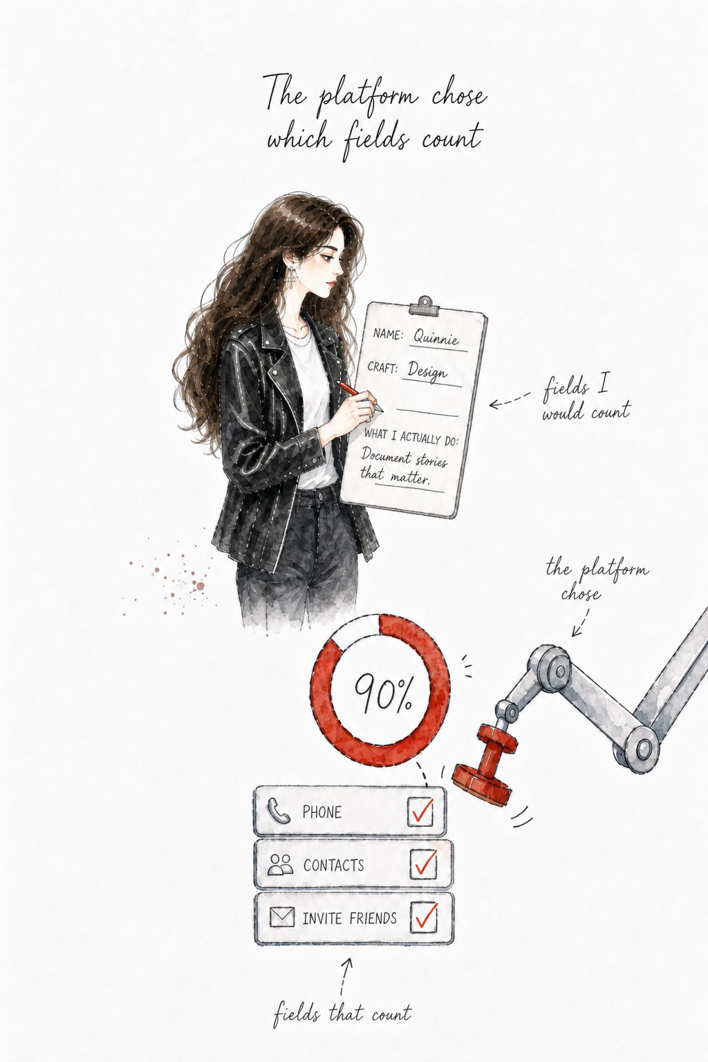 Quinnie writes Design on a clipboard while a mechanical arm stamps phone and contacts toward 90 percent