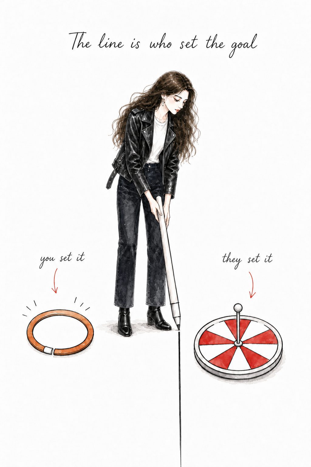 Quinnie draws a vertical line between her ring (you set it) and a spinner (they set it)