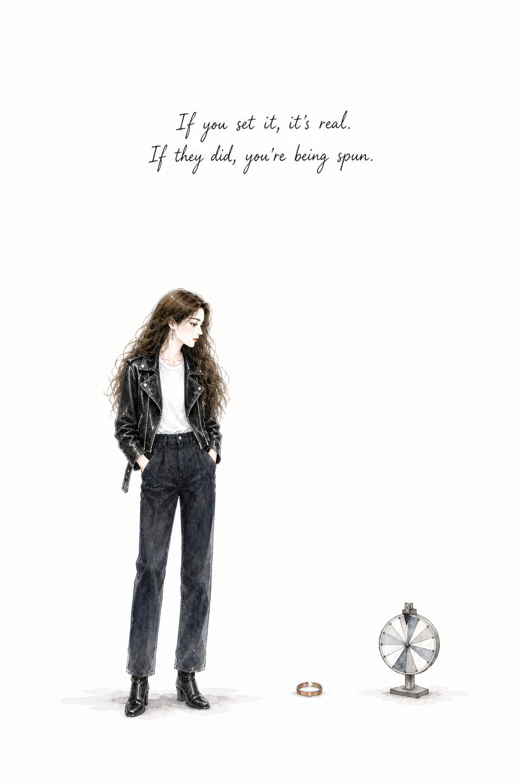 Quinnie in a leather jacket looking down at her ring and a small discarded prize wheel