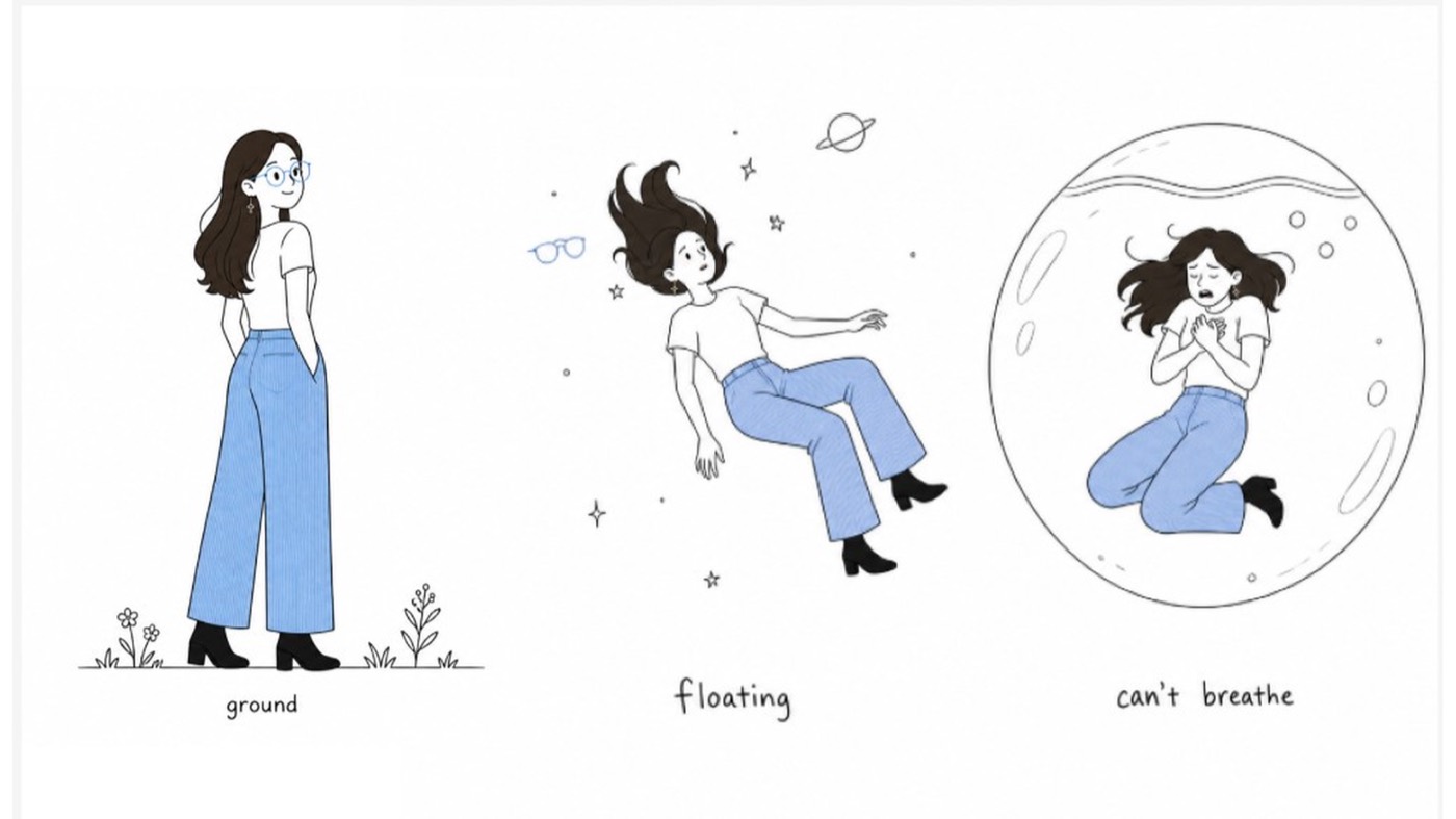 Quinnie standing on the ground, floating in space, then curled in a bubble labelled can't breathe